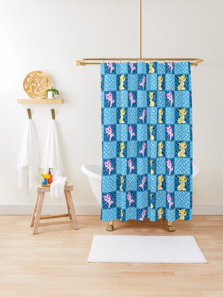 Thumbnail 1 of 5, Shower Curtain, Awesome Blue and Pink Cat Decorative Pillow | For Homes and Offices Many | Cute cats designed and sold by realtimestore.