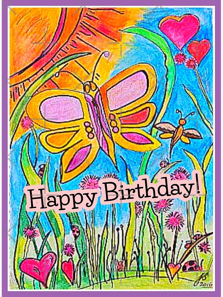 "Karte, Grüße, alles Gute zum Geburtstag. Schmetterling im Garten