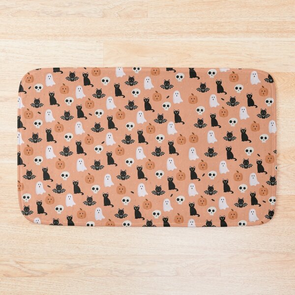 Item preview, Halloween pattern - cat, pumpkin, bat, ghost and skull - orange background  designed and sold by madamemorgane.