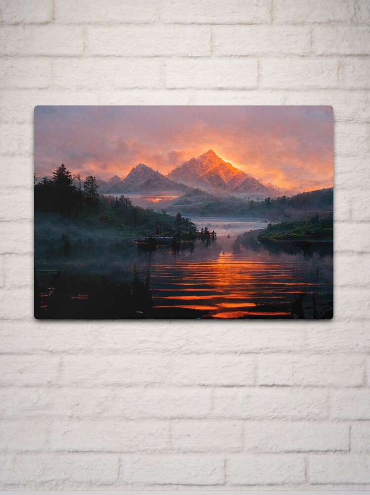 Metal Print, Red Sky mountain Lake view designed and sold by Peter Barrett