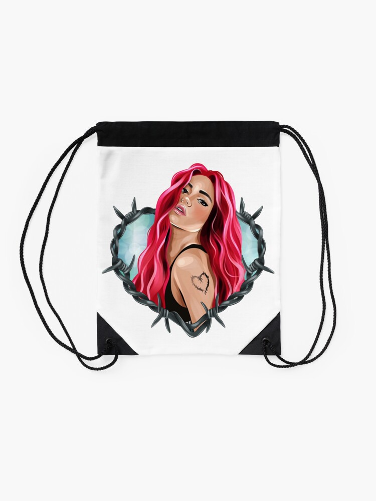 Discover New look Karol G with Red Hair in the Wire Heart with Bichota Word Drawstring Bag