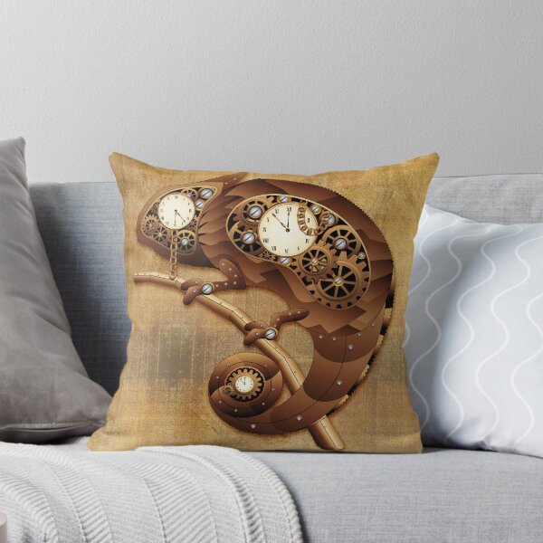 Steampunk Chameleon Vintage Retro Style Machine Throw Pillow