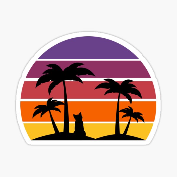 Classic sunset with cat and palm trees Sticker