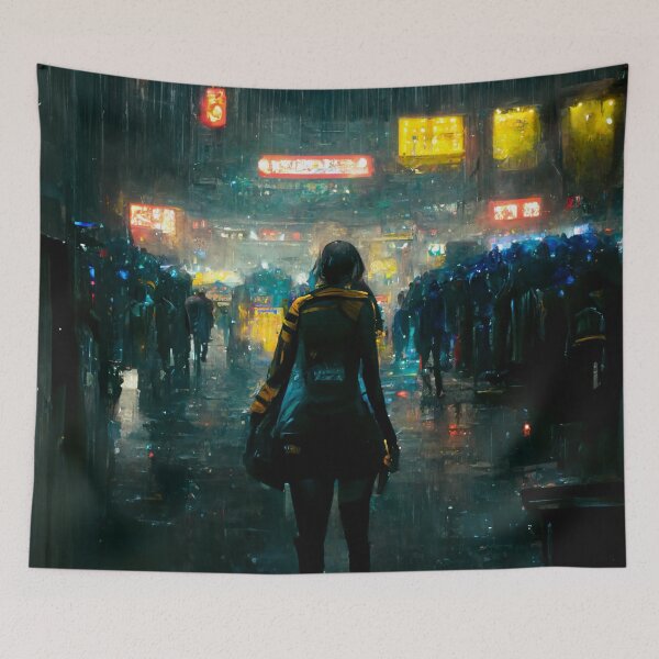 Item preview, Cyberpunk Woman In Crowded Market designed and sold by CyberStreetArt.