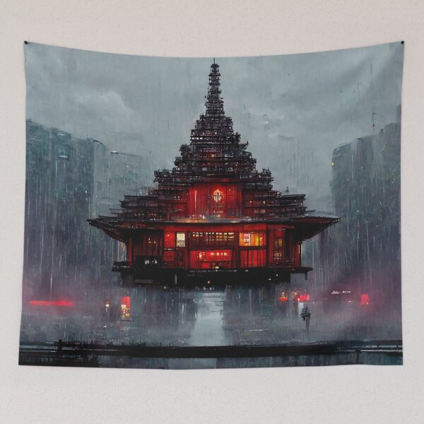 Item preview, Cyberpunk Buddhist Rain Temple designed and sold by CyberStreetArt.
