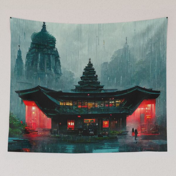 Item preview, Cyberpunk Buddhist Temple in Rain designed and sold by CyberStreetArt.