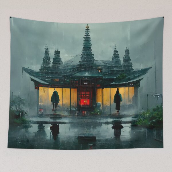 Item preview, Buddhist Cyberpunk Rain Temple designed and sold by CyberStreetArt.