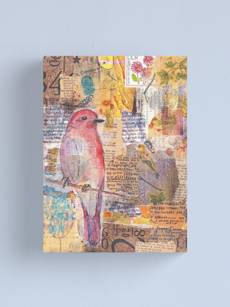 Bird Collage Art Original Mixed Media Multicolor Travel Theme Paris shops Map Small Square Canvas