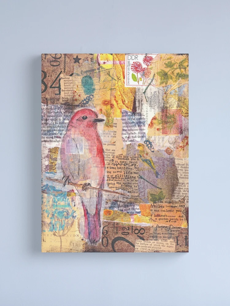 Cat and Bird collage on canvas - mixed media - home decor shops - art - ooak - collage - animal art - anthropomorphic - wall decor - queen cat