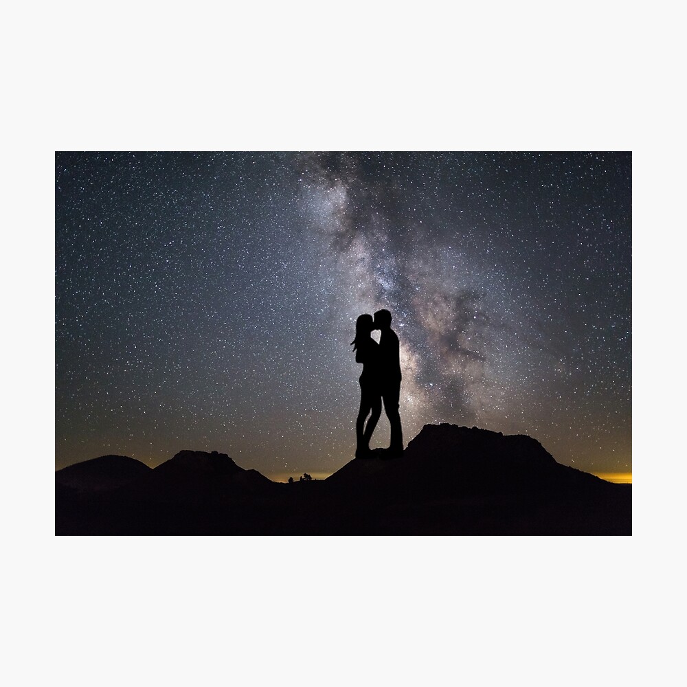 Silhouette of Couple Kissing at Night with Stars and Milky-Way Background