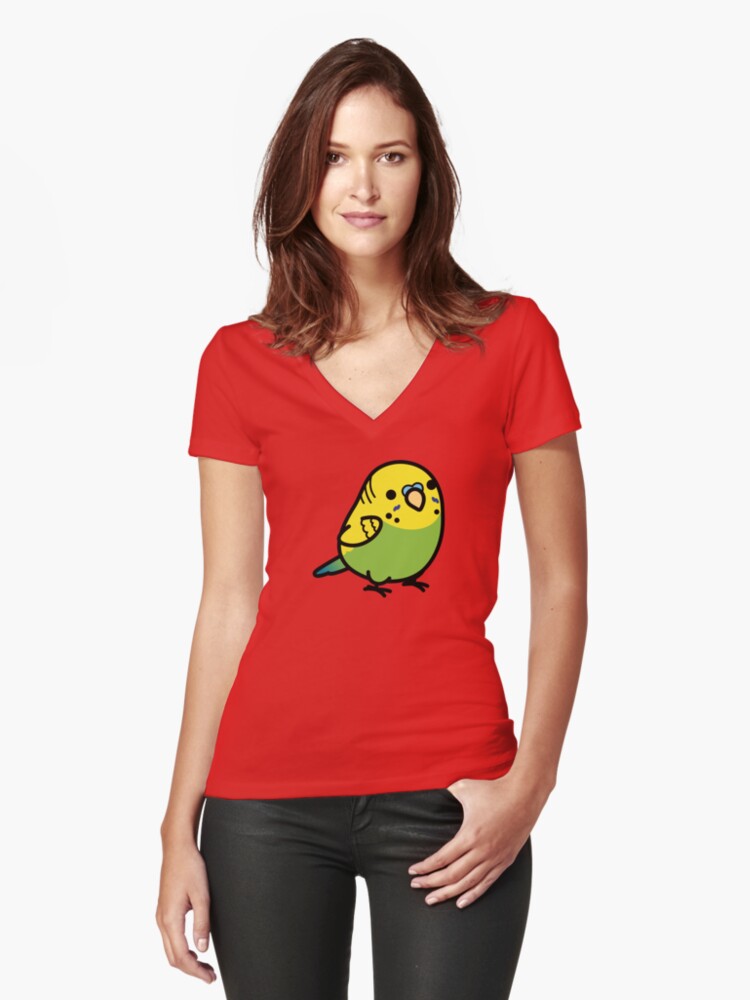 Thumbnail 1 of 3, Fitted V-Neck T-Shirt, Chubby Green Budgie Male designed and sold by birdhism.