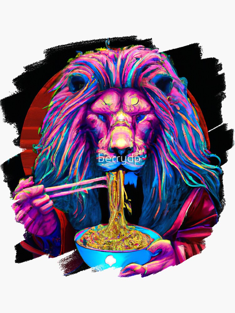 "Lion Eating Ramen Noodles Cool Anime Lion" Sticker for Sale by berrydp