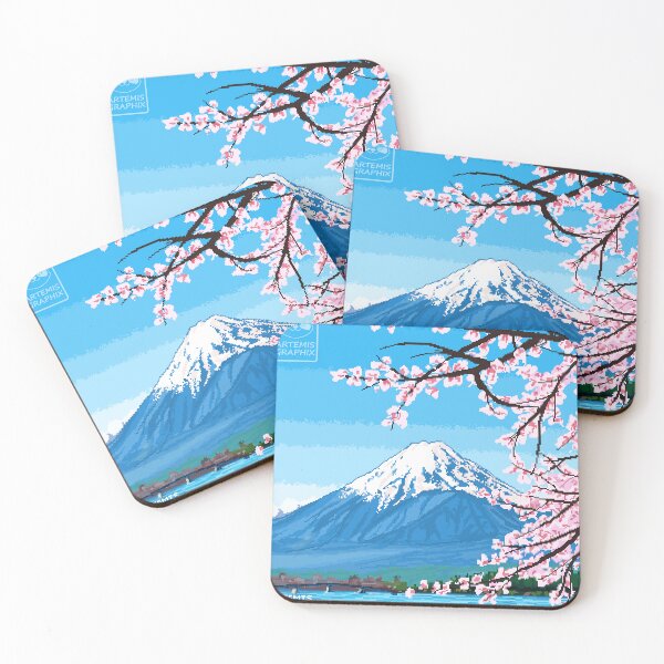 Item preview, Mount Fuji cherry blossoms beautiful scenery landscape in pixel art designed and sold by artemisgraphixs.