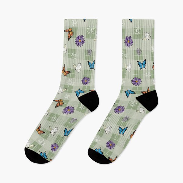 Artikelvorschau, Salbeigrüner Tartan mit Schmetterlings- und Gänseblümchen-Muster entworfen und verkauft von CJAura by Claire Jane Johnson.