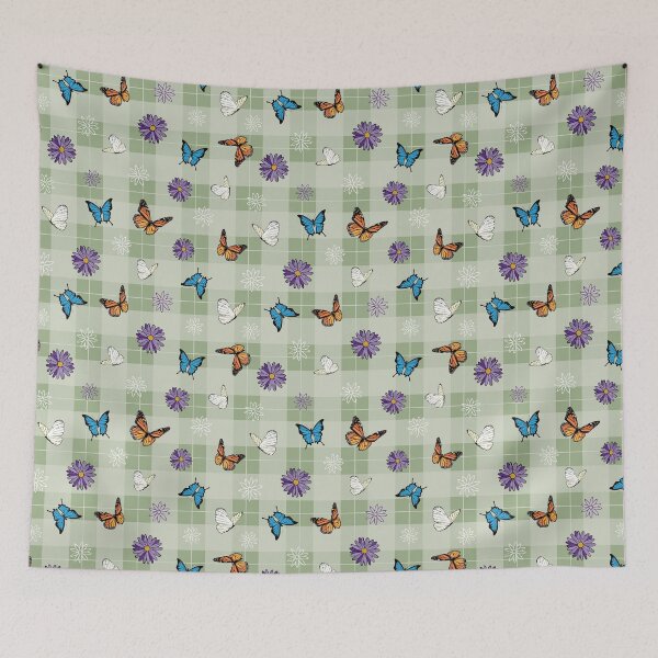 Artikelvorschau, Salbeigrüner Tartan mit Schmetterlings- und Gänseblümchen-Muster entworfen und verkauft von CJAura by Claire Jane Johnson.