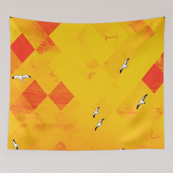 Item preview, flying birds with red and yellow geometric pixel pattern background designed and sold by Mrvell.