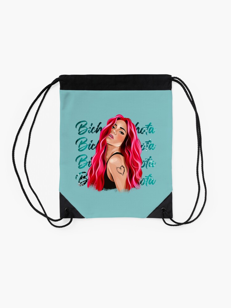 Discover New look Karol G with Red Hair Illustration with Bichota Words on the background Drawstring Bag