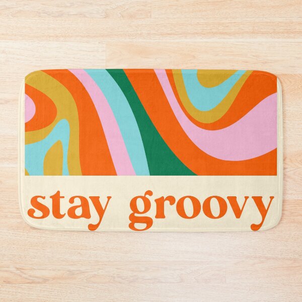 Item preview, Stay Groovy Retro Typography on Psychedelic New Groove Abstract Pattern in Orange Pink Green Aqua Mustard designed and sold by kierkegaard.