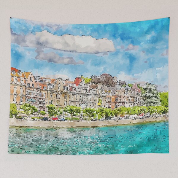 Item preview, Konstanz embankment – Germany Watercolor Illustration designed and sold by KawaiiTops.