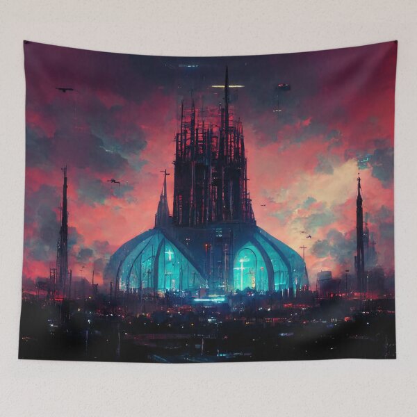 Item preview, Neon Cyberpunk Cathedral Sunset designed and sold by CyberStreetArt.