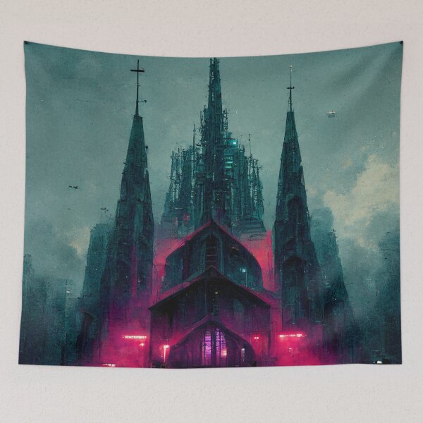 Item preview, Cyberpunk Neon Cathedral at Dawn designed and sold by CyberStreetArt.