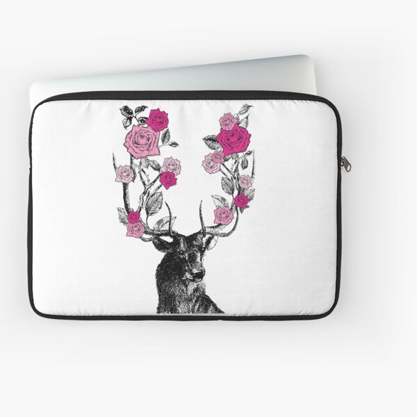 The Stag and Roses | Deer and Roses | Stag and Flowers | Deer and Flowers | Vintage Stag | Antlers | Woodland | Highland | Pink | Laptop Sleeve