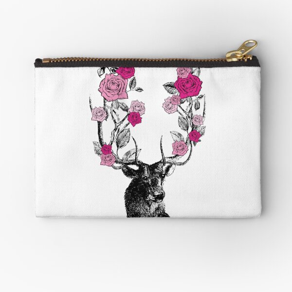 The Stag and Roses | Deer and Roses | Stag and Flowers | Deer and Flowers | Vintage Stag | Antlers | Woodland | Highland | Pink | Zipper Pouch