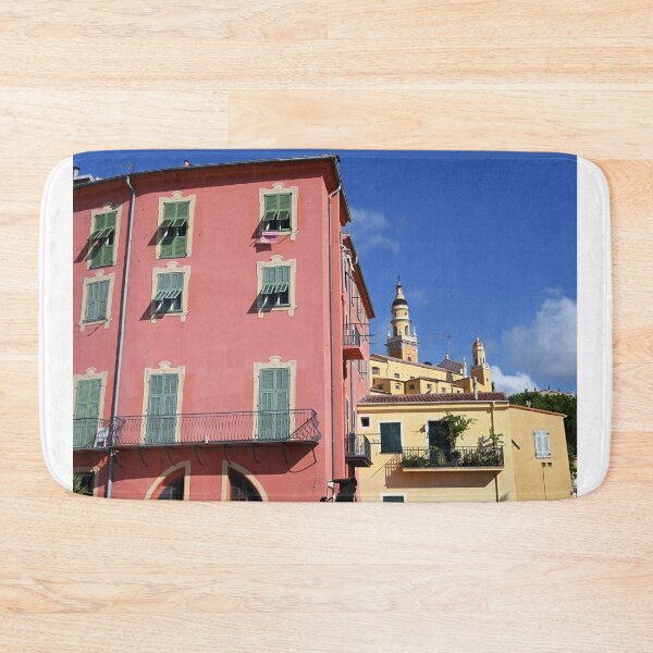 Item preview, Colorful old buildings and church tower in Menton France designed and sold by goceris.