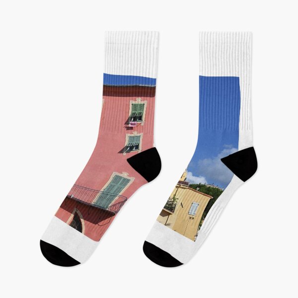 Item preview, Colorful old buildings and church tower in Menton France designed and sold by goceris.