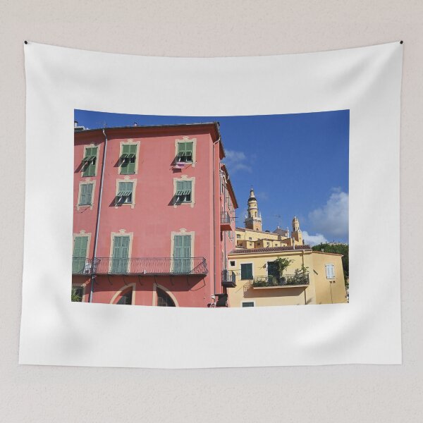 Item preview, Colorful old buildings and church tower in Menton France designed and sold by goceris.