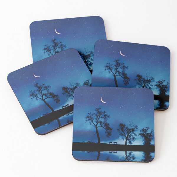Item preview, Beautiful Blue Night With Stars Crescent Moon Horses Oak Trees and Water designed and sold by Stephanie Laird.