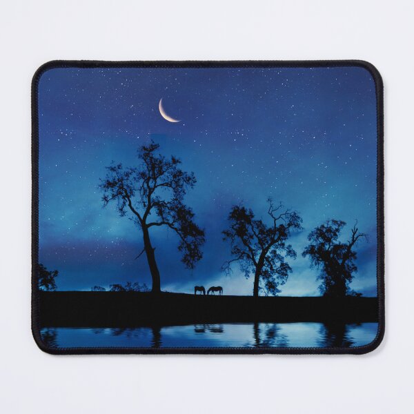 Item preview, Beautiful Blue Night With Stars Crescent Moon Horses Oak Trees and Water designed and sold by Stephanie Laird.