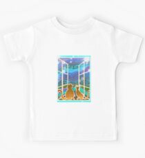 Cats Looking Out The Window Blue with Snowflakes Kids Tee