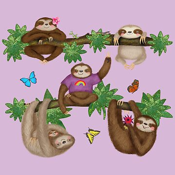 Artwork thumbnail, Cute Sloths and Butterflies in a Forest (Purple) by LeopardyNonsense