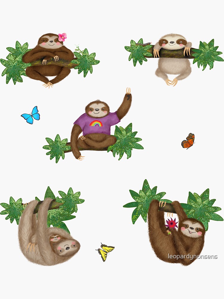 Thumbnail 3 of 3, Sticker, Cute Sloths and Butterflies in a Forest (Purple) designed and sold by leopardynonsens.