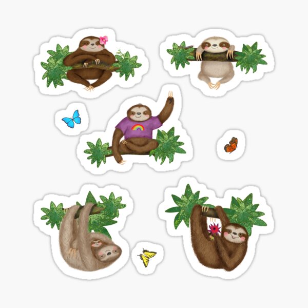 Cute Sloths and Butterflies in a Forest (Purple) Sticker