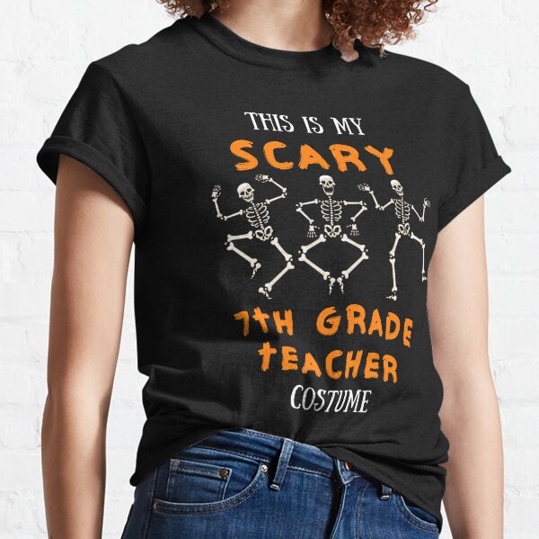 Casual everyday fall teacher Halloween outfit costume featuring a graphic scary  teacher tee, loose str…