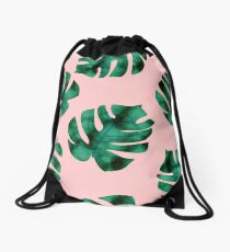 Tropical fern leaves on peach Drawstring Bag