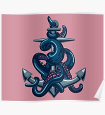 Octopus tentacles and anchor. Vintage travel print. Poster