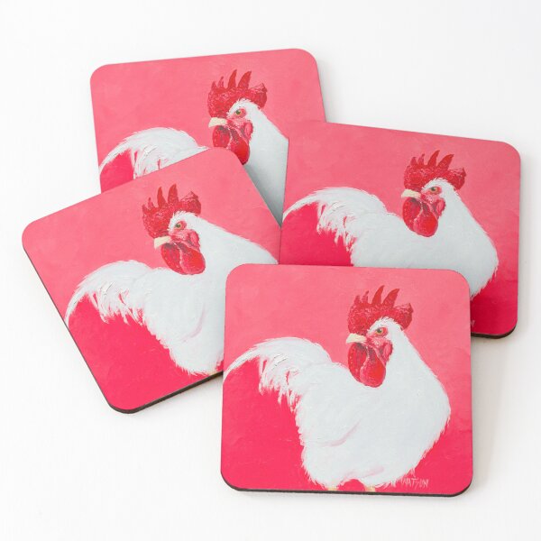 Item preview, White Rooster painting on pink background designed and sold by MatsonArtDesign.