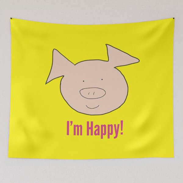 Aperçu de l'œuvre Je suis heureux ! Joli visage de cochon souriant heureux, jaune. Sourire créée et vendue par PiggingJapan.