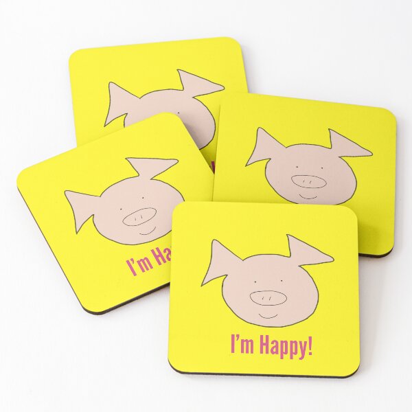 Aperçu de l'œuvre Je suis heureux ! Joli visage de cochon souriant heureux, jaune. Sourire créée et vendue par PiggingJapan.