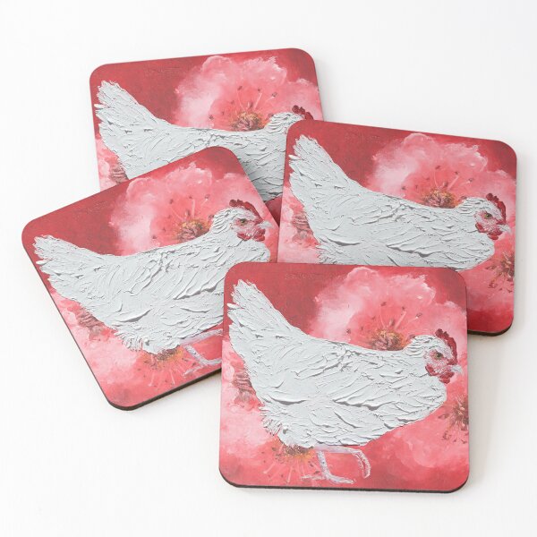 Item preview, White chicken painting on cherry blossom background designed and sold by MatsonArtDesign.
