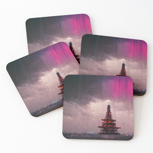 Item preview, Japanese Cyberpunk Pagoda in the rain designed and sold by CyberStreetArt.