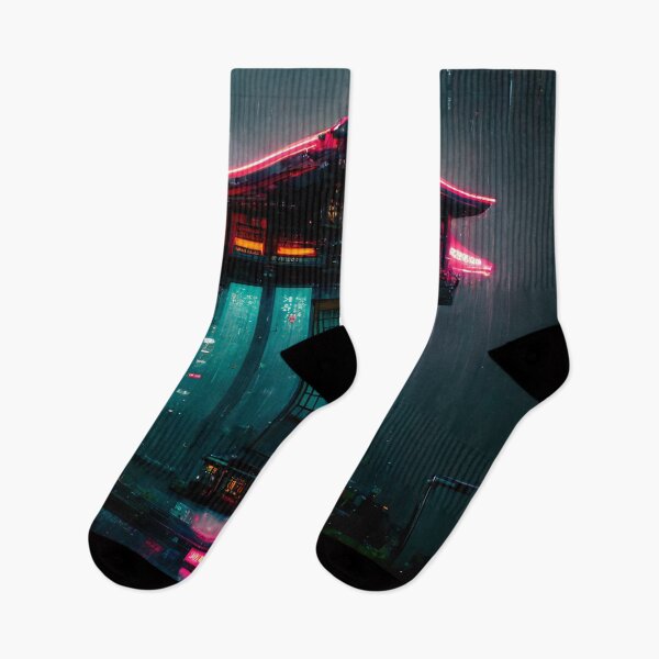 Item preview, Japanese Shrine In The Rain Neon Cyberpunk Style designed and sold by CyberStreetArt.