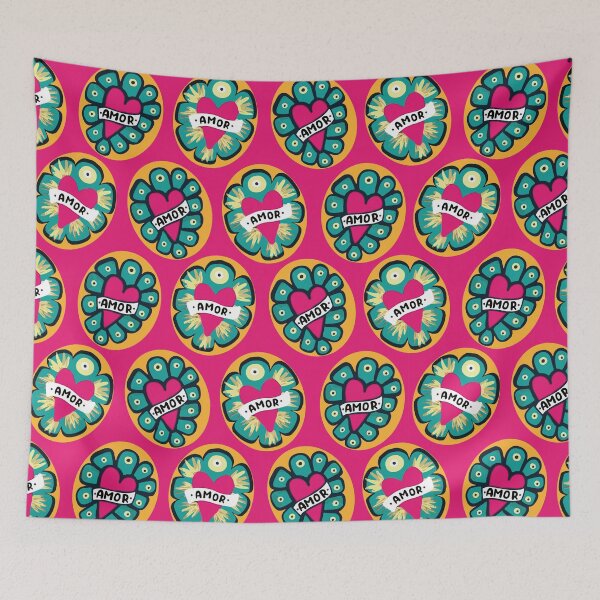 Item preview, Modern mexican sacred heart colorful adorable kawaii amor tin pink heart seamless pattern designed and sold by T-Mex.