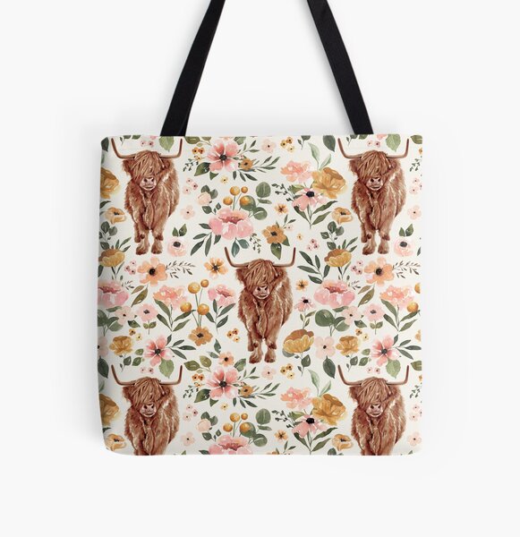 Hand-Painted Floral Cotton Tote Bag in Green and Pink Tones - Pink