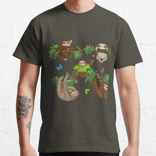 Cute Sloths and Butterflies in a Forest (Green) Classic T-Shirt
