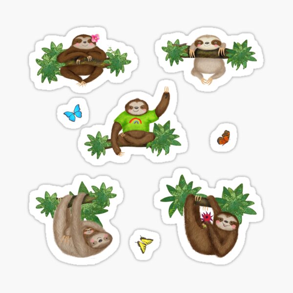 Cute Sloths and Butterflies in a Forest (Green) Sticker