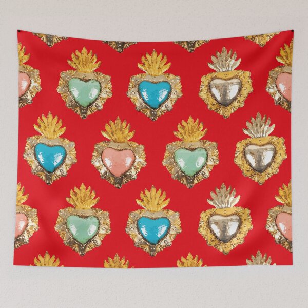 Item preview, Mexican pastel colors sacred heart golden oaxaca folk art elegant red seamless pattern designed and sold by T-Mex.